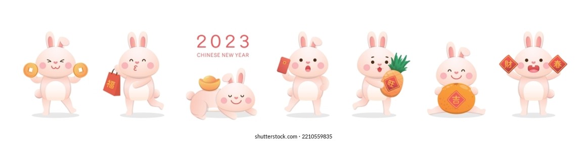 Cute white bunny baby characters or mascots in various poses, Chinese lunar new year elements, vector cartoon style set, Chinese translation: spring and wealth