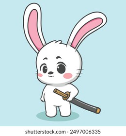 Cute white bunny with big pink ears, holding a katana, standing confidently with rosy cheeks and large eyes. Simple blue background, perfect for cartoons or kid themes.