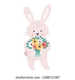 Cute white bunny with bouquet of flowers. Hello spring, spring time, spring flowers. Rabbit character with flowers. Hand drawn vector illustration