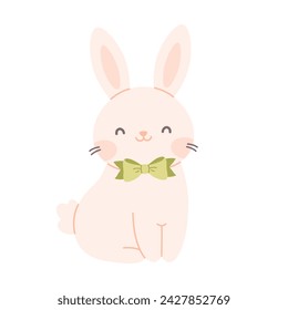 Cute white bunny with bow tie. Easter and spring character. Vector illustration in flat style