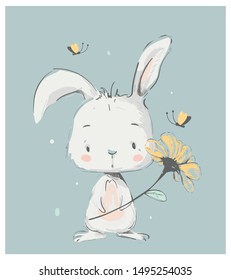 Cute White Bunny Boy with flower. Can be used for t-shirt print, kids wear fashion design, baby shower invitation card.