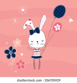 cute white bunny with butterfly and flower, happy birthday card vector illustration