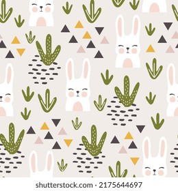 Cute white bunny with cactus and boho elements, kids Scandinavian neutral grey seamless pattern background for wrapping paper, fabric and textile print