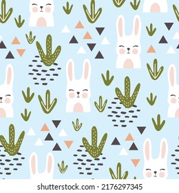 Cute white bunny with cactus and boho elements, kids Scandinavian pastel blue seamless pattern background for wrapping paper, fabric and textile print