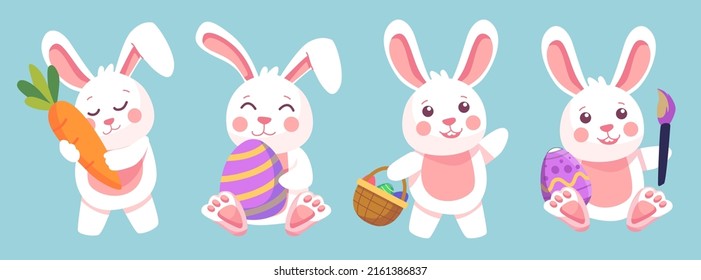 Cute white bunny with carrot and Easter eggs set, Rabbit in cartoon character,  vector illustration