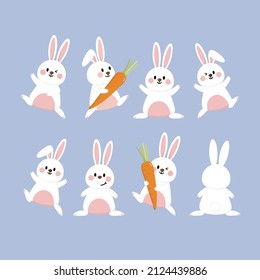 Cute white bunny with carrot. Rabbit cartoon vector collection. Animal wildlife character set.