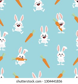 Cute white bunny and carrot seamless pattern. Rabit cartoon character.