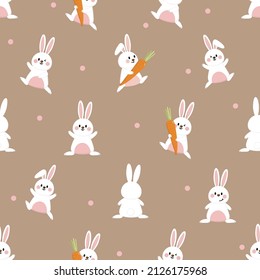 Cute white bunny and carrot seamless pattern. Rabit cartoon character.