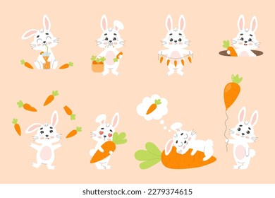 Cute white bunny with carrot set. Little rabbit character. Cartoon vector illustration