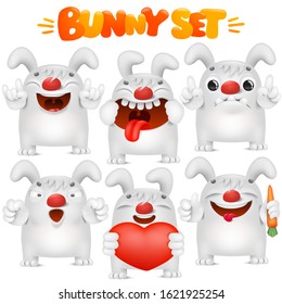 Cute white bunny cartoon emoji character in various emotions situations collection. Vector set