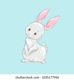 Cute white bunny. Cartoon hare hand drawn vector illustration.