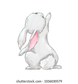 Cute white bunny. Cartoon hare hand drawn vector illustration.