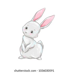 Cute white bunny. Cartoon hare hand drawn vector illustration.
