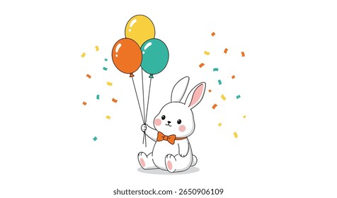 Cute white bunny character holding orange yellow teal balloons confetti celebration birthday party