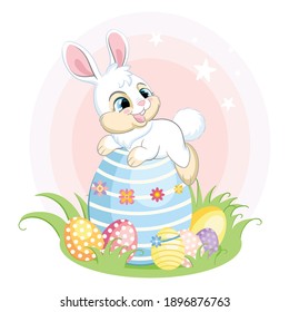 Cute white bunny character lying on a big easter egg. Colorful illustration isolated on white background. Cartoon character rabbit easter concept for print, t-shirt, design, sticker and decorating