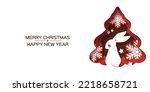 Cute white bunny. Christmas tree and rabbit. New Year and xmas traditional symbol tree with snowflakes and stars paper cut style. Winter holiday. Space for text. Red.