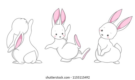 Cute white bunny collection. Set of lovely isolated children's characters for kids or babies shirt design, fashion print, Easter postcard