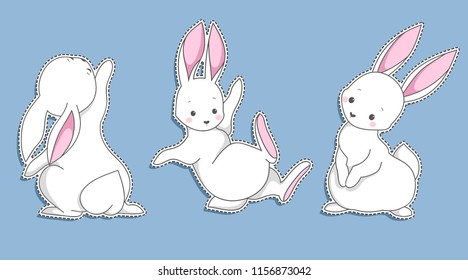 Cute white bunny collection. Set of lovely  children's characters for kids or babies shirt design, fashion print, Easter postcard