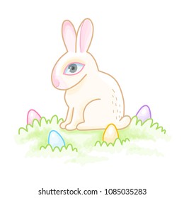 Cute white bunny  and color eggs in grass. Watercolor style cartoon character isolated on white background
