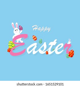 Cute white bunny with colorful of easter eggs on light blue background. Happy easter concept.