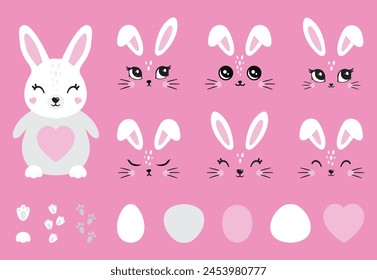 Cute white bunny easter cartoon kit set. Collection of design objects: ears, faces, different emotions, tummies, eyes, mustaches, noses isolated on pink background. Vector illustration. Hare, rabbit 