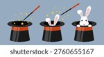 Cute white bunny emerging from a magician s black top hat with wand and sparkling stars. magic rabbit in hat illustration. Bunny coming out of magician hat. Cute magic trick cartoon vector.