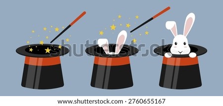 Cute white bunny emerging from a magician s black top hat with wand and sparkling stars. magic rabbit in hat illustration. Bunny coming out of magician hat. Cute magic trick cartoon vector.