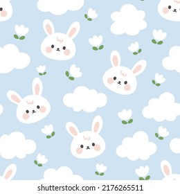 Cute white bunny face with clouds and white flowers on a pastel blue background. Kawaii animals kids seamless pattern, fabric and textile print design