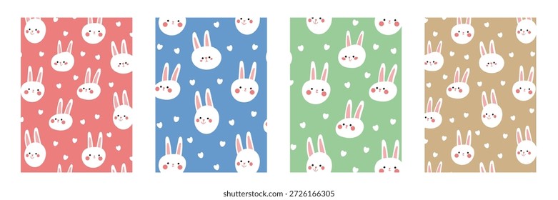 Coelho branco bonito enfrenta padrão sem costura definido em fundos pastel com corações, Páscoa Kawaii vetor