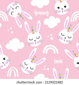 Cute white bunny faces with unicorn hors - funny doodle, seamless pattern. sleeping mask, stars, hearts. Cartoon background, texture for bedsheets, pajamas.