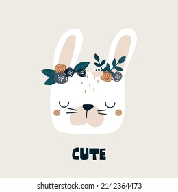 Cute white bunny with floral wreath. Childish print. Vector hand drawn illustration.