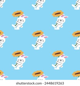 A CUTE WHITE BUNNY IS FLYING WITH A SUN FLOWER SEAMLESS PATTERN