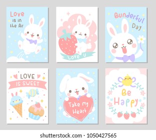 Cute white bunny full of love heart strawberry and sweet in soft pastel color. Set of rectangle gift tag, card, postcard. Vector illustration.
