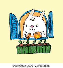 Cute white bunny gardener watering growing carrots 