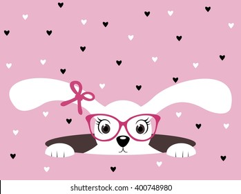 Cute white bunny girl with glasses on pink heart background