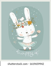 Cute white Bunny girl. Happy Easter card.Hand drawn vector illustration