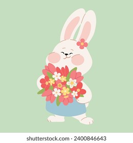 A cute white bunny girl holds a flower bouquet. Flat cartoon rabbit character for a Happy Valentine's Day, Easter, or Birthday greeting card, invitation, sticker, or banner. Vector illustration.