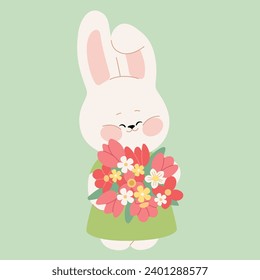 A cute white bunny girl holds a flower bouquet. Flat cartoon rabbit character for a Happy Valentine's Day, Easter, or Birthday greeting card, invitation, sticker, or banner. Vector illustration.