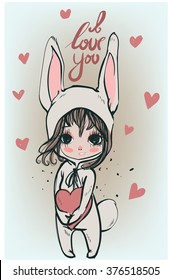 cute white bunny girl - vector illustration