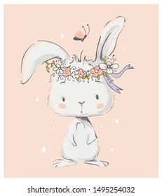 Cute White Bunny Girl wreath of flowers. Can be used for t-shirt print, kids wear fashion design, baby shower invitation card.