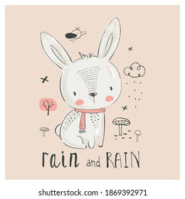 Cute white Bunny  Hand drawn vector illustration. Can be used for baby t-shirt print, fashion print design, kids wear, baby shower celebration greeting and invitation card.
