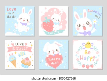 Cute white bunny happy love heart strawberry and sweet in soft pastel color. Set of square gift tag, card, badge. Vector illustration.
