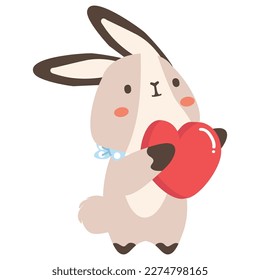 Cute white bunny with heart cartoon flat