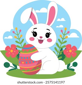 Cute white bunny holding colorful egg with smiling face floral vector art