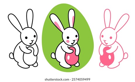 Cute white bunny holding easter painted pink egg, small icon with line and color