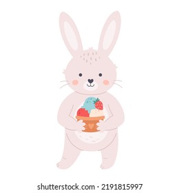 Cute white bunny with ice cream. Hello summer, summer vacation, summertime. Hand drawn vector illustration