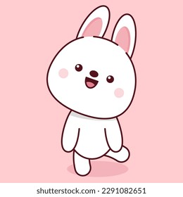 Cute white bunny in kawaii style on a pink background