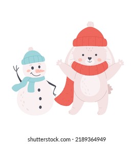 Cute white bunny in knitted scarf and hat with snowman. Winter time. New Year. Year of the Rabbit. Hand drawn vector illustration 