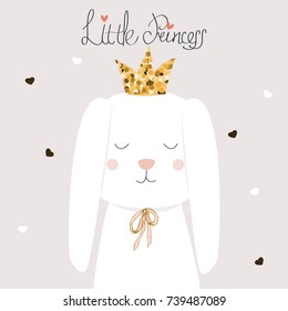 Cute white bunny little princess with golden glitter crown. Vector hand drawn illustration.