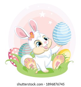 Cute white bunny looking at the Easter egg. Colorful illustration isolated on white background. Cartoon character rabbit easter concept for print, t-shirt, design, sticker and decorating